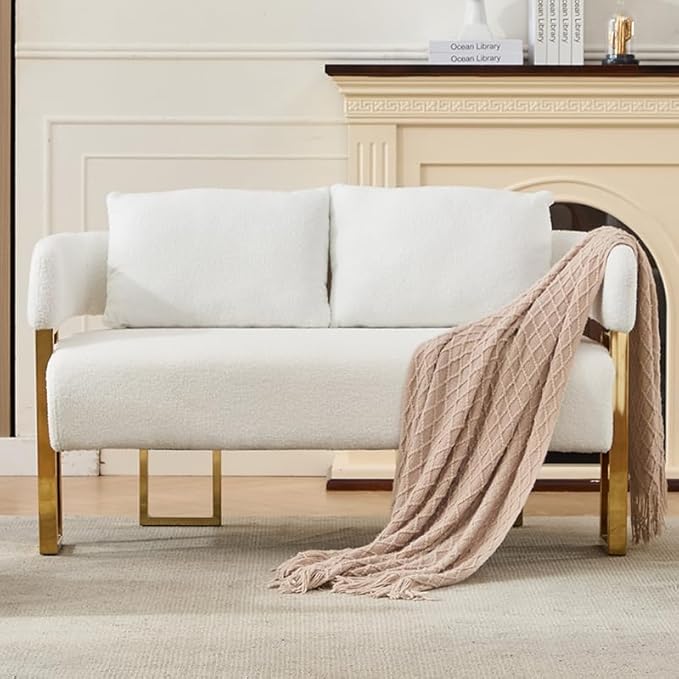 Teddy Loveseat Couch Modern Upholstered Small Love Seat Sofa 2 Seat Sofa with Gold Metal Frame Comfy Couches for Living Room Bedroom Reception Area &amp Office (White)