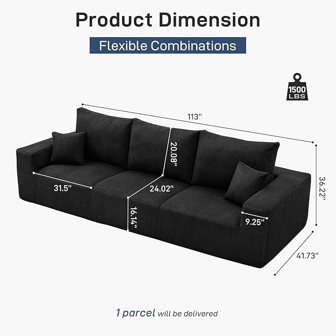Modern Sleeper Sofa Couches for Living Room-113 Black 3 Seater Boneless Cloud Couch-No Assembly Required Modular Corduroy Convertible Full Sponge Compression Sofas for House Apartment