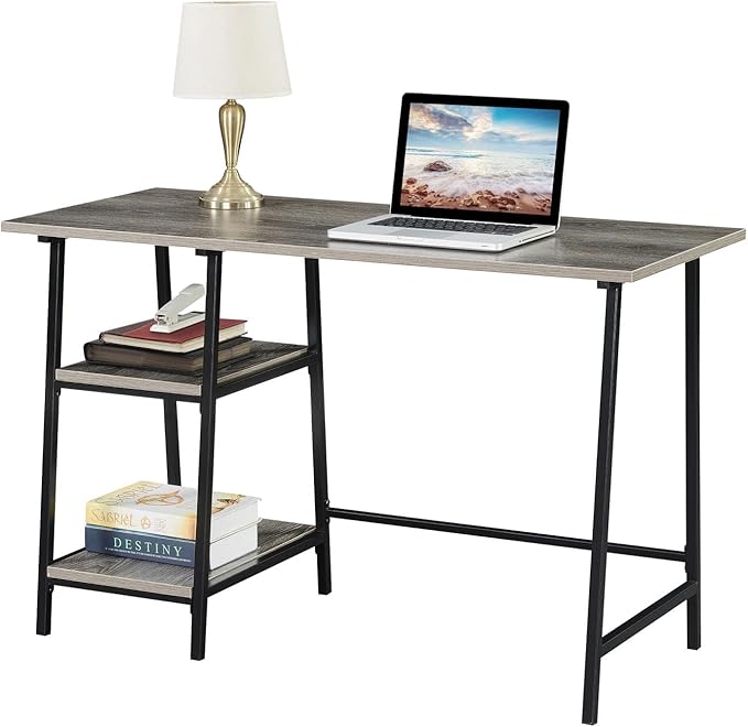 Pemberly Row Trestle Desk 47 in x 20 in x 29.25 in Weathered Gray Particle Board Wood Black Powder Coated Metal Frame Removable Shelves Home Office Workstation Modern Style