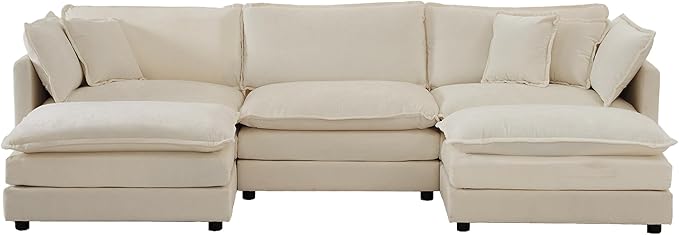kevinplus 111.5'' Beige Modular Sectional Sofa Couch U-Shaped with Ottoman for Living Room Modern Contemporary Sofa Couch for Apartment Office Chenille Fabric (3-Seat Couch + 2 Ottoman)