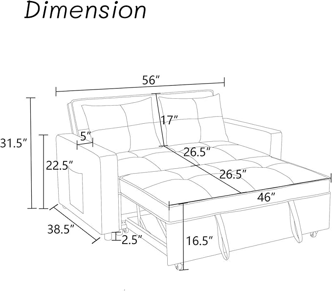 83 Inch Convertible Sofa Bed with Side Pocket Modular Sectional Couch with Pull Out Bed L Shaped 2 Seat Sectional Sleeper Sofa for Living Room Apartment Black