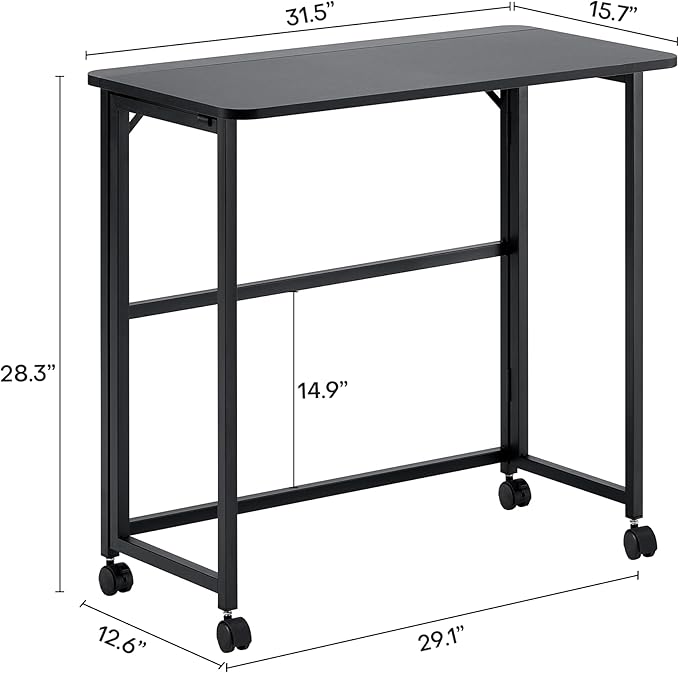 Small Folding Desk Rolling Table Portable Foldable Desk on Wheels Space Saving Computer Table Writing Workstation for Home Office Easy Assembly (Black 15.7 D x 31.5 W x 29.53 H)