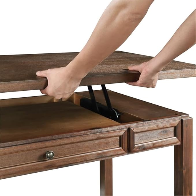 Pemberly Row Sit-to-Stand Lift Desk Brushed Walnut Brown Finish Solid Wood and Veneer 48 W x 24 D x 30.25 H Adjustable Height Classic Wire Brushed Texture Full Post Construction Home Office
