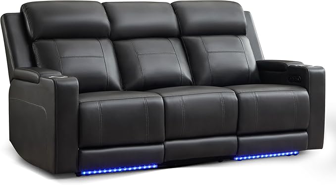 Power Reclining Sofa with Adjustable Headrest/LED Light Electric Reclining Couch with Dual Ports Storage Outlet Power Loveseat Recliner Sofa for Living RoomApartment (Dark Grey 3 Seater)