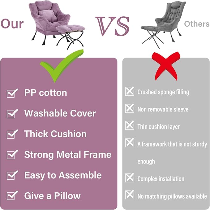 Lazy Chair with Ottoman Reading Chair with a Pillow Leisure Sofa Armchair with Ottoman Large Accent Chair for Bedroom Living Room Dorm Room Plush Purple