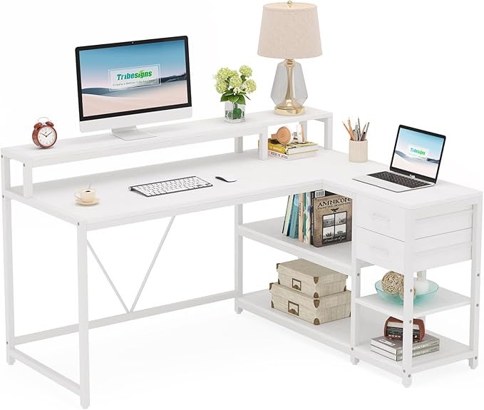 Tribesigns 55-inches Reversible L Shaped Desk with Drawer Modern White L Corner Desk Home Office Table with Storage Shelves and Monitor Stand Wooden and Metal PC Desk for Small Space