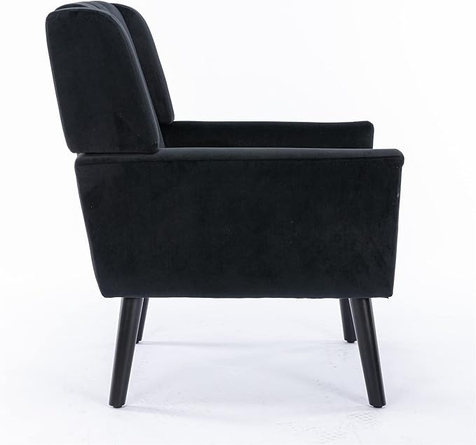 SSLine Velvet Accent Arm ChairMid-Century Modern Upholstered Wingback Single Sofa Armchair Club Chair with Solid Wood Legs Thick Cushion for BedroomReadingLiving Room Chair (Black)