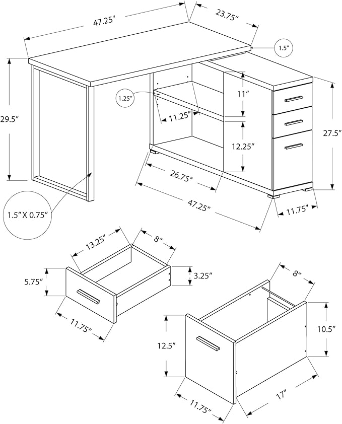 Computer Desk Home Office Corner Left Right Set-up Storage Drawers L Shape Work Laptop Black and Grey Laminate Black Metal Contemporary Modern