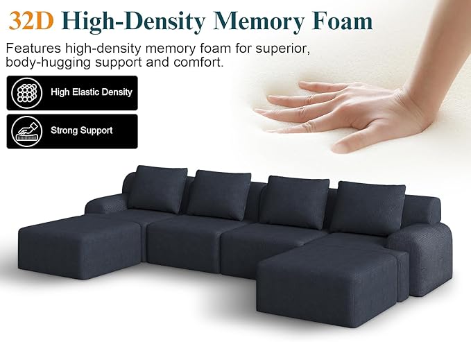 Boneless Couches for Living Room V-Shaped Deep Seat Corner Couch 6 Seater Cloud Modular Sectional Sofa Plush Corduroy Convertible Oversized Couches No Assembly Required Blue-Grey
