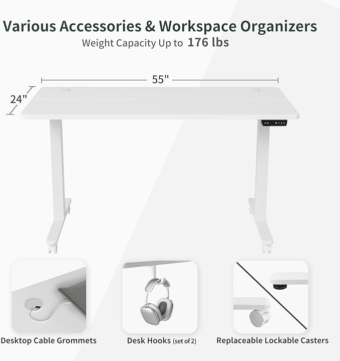 FEZIBO 55x24 Electric Height Adjustable Standing Desk Ergonomic Sit-Stand Home Office Workstation White