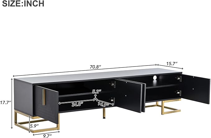 Merax Modern TV Stand with Metal Legs Gold Handles Geometric Lines and Adjustable Shelves for TVs Up to 80'' Media Console Table Luxury Storage Cabinets for Living Room Black