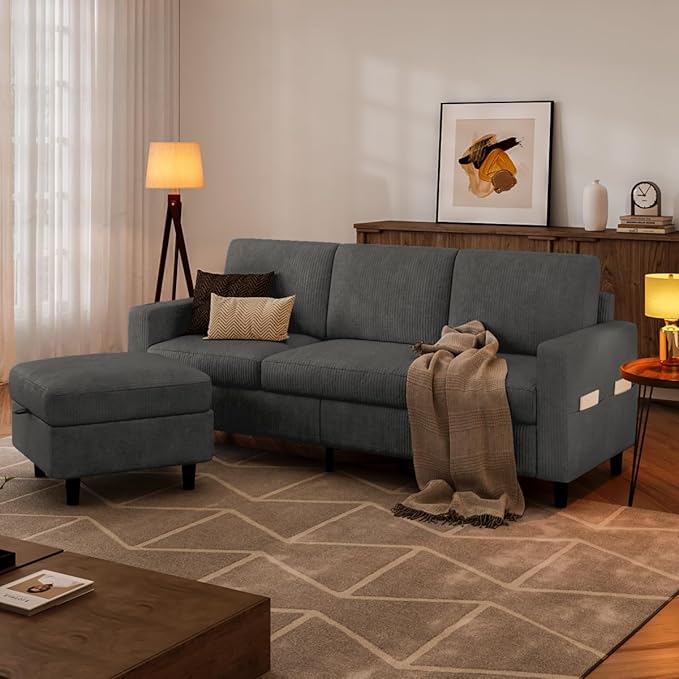 Sectional Couches for Living Room L Shaped Couch with Storage Ottoman Small Sofa Corduroy Couch with Side Pockets Modern 3 Seater Convertible Sofa for Apartment Office Dark Grey