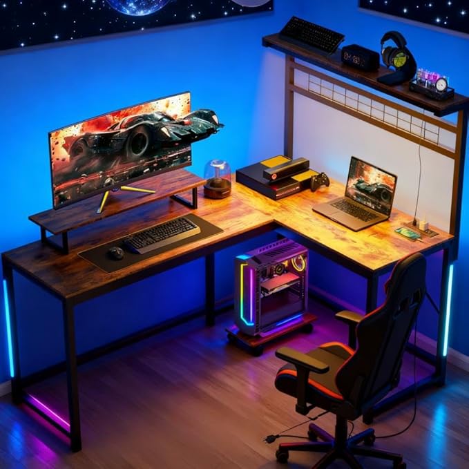 61.6'' L Shaped Gaming Desk with Power Outlets &amp LED Lights Reversible Computer Table with Monitor Stand and CPU Shelf Cornor Office Table PC Desk for Writing Study (Rustic Brown)