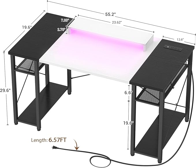 Armocity Computer Desk with LED Lights 55 Inch Desk with Power Outlet and USB Reversible Large Desk with Moveable Monitor Stand 55.2'' Gaming PC Table for Home Office Workstation White and Black