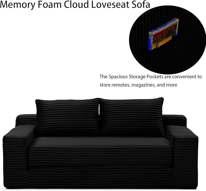 73 Memory Foam Cloud Loveseat Sofa 2 in 1 Convertible Folding Couch Bed Compressed Corduroy Floor Lounge Sofa No Assembly for Apartment Office Bedroom Living Room (Black)
