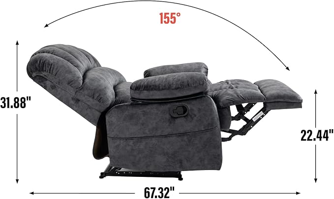 Large Manual Recliner Chair for Living Room Oversized Fabric Reclining Chair with Pillow Top Arms Cushion Back and Smooth Lever Control Heavy-Duty Metal Frame (Gray)