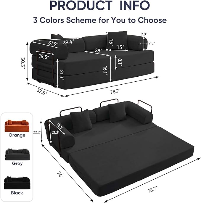 ijuicy 4-in-1 King Convertible Floor Sofa Bed w/ 2 PillowModular Sleeper Sofa/Folding Futon Couch Bed w/Cylindrical Backrest and Fixed FrameLounge CouchCorduroy Compression Sofas for Home-Dark Grey