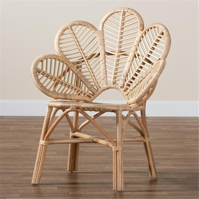 BOWERY HILL Modern Bohemian Accent Chair Natural Brown Rattan Flora-Inspired Backrest Openwork Design 29.90 W x 26.80 D x 35.80 H Angled Legs Crisscross Base for Living Room or Lounge