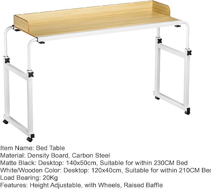 Adjustable Bed Table (47.2-82.7 Stretchy) - 25.6-37.4 Height Adjustable Overbed Desk with Lockable Wheels Raised Baffle for Single/Double Beds (Wooden Color-120 * 40cm)