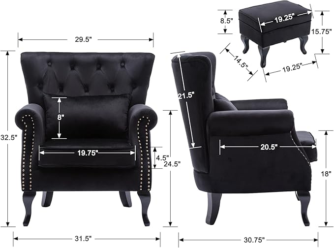 Mid Century Modern Accent Chair Upholstered Armchair Comfy Velvet Tufted Wingback Single Sofa with Ottoman for Bedroom Living Room Black
