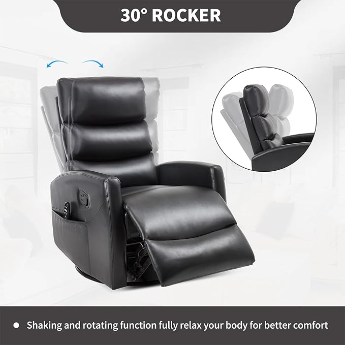 Massage Chair Recliner with Heat Swivel Rocking Chair Recliner with High Back Manual Lazy Boy Recliners for AdultsSmall Recliner Chair for Small Spaces Living Room Bedroom Fabric (Black)