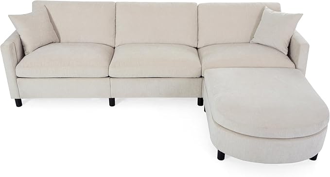kevinplus 107.87'' Sectional Sofa Couch with Curved Convertible Ottoman for Living Room Modern 3-Seat L-Shaped Upholstered Sectional Couch Sofa for Apartment Polyester Fabric Beige