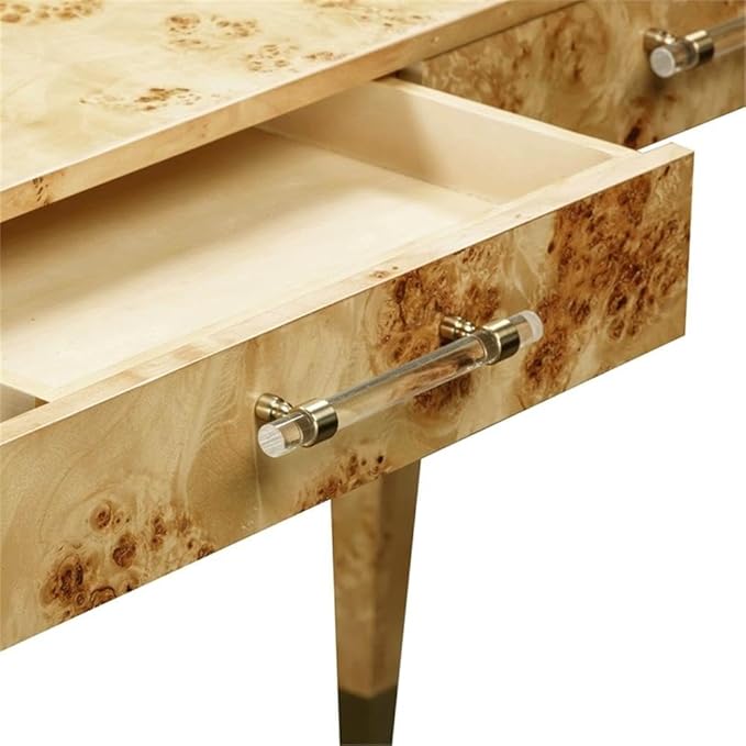 Pemberly Row Contemporary Acacia Burl Work Desk Natural Finish Handmade Furniture Brass Tipped Legs Fully Finished Back Rustic Home Office Desk Textured Acacia Wood