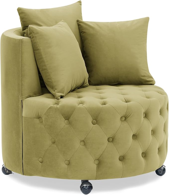 Velvet Upholstered Swivel Chair for Living Room with Button Tufted Design and Movable Wheels Including 3 Pillows Khaki Green