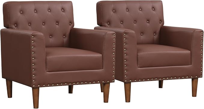 KOMFOTT Mid Century Modern Accent Chair Faux Leather Upholstered Armchair with Button Tufted Decoration &amp Rivets Rubber Wood Legs Soft Padded Seat Cushion Single Sofa for Living Room Home