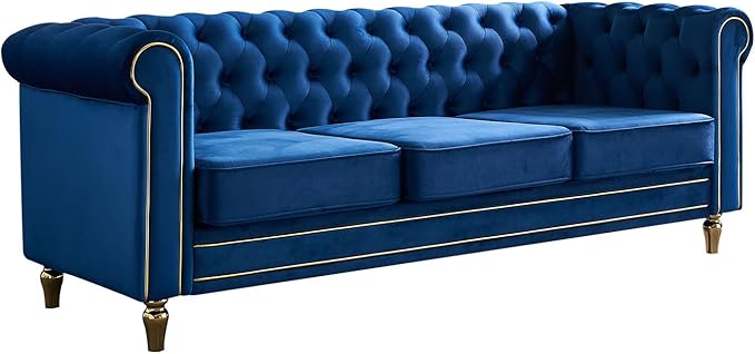 KEIKI 85 Chesterfield Velvet Tufted Button Sofa with Deep Seat Cushions and Rolled Arms Modern Style 3-Seater Couch Decorated with Gold Strip Easy Assembly for Living Room Bedroom Office Blue