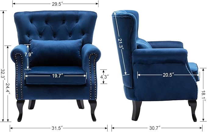 chairus Mid-Century Modern Accent Chair Comfy Tufted Single Sofa Chair Wingback Armchair with Pillow for Club Living Room Bedroom - Velvet Blue