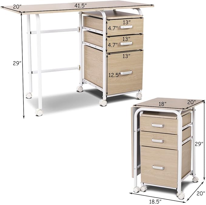 Tangkula Folding Computer Desk with 3 Drawers Mobile Home Office Desk Portable Laptop Desk Writing Table Space Saving Compact Desk for Small Spaces Dorm Apartment