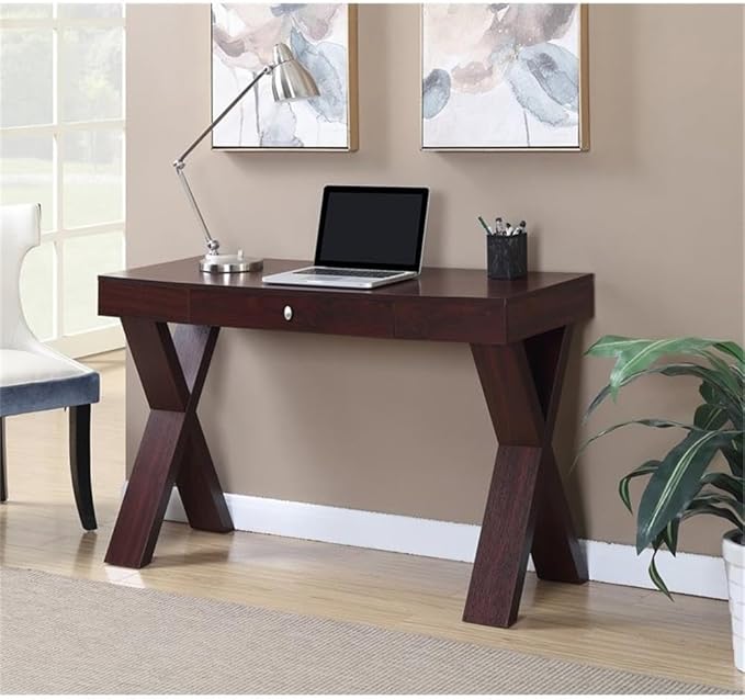 Pemberly Row Modern Writing Desk with Drawer Mahogany Wood Finish 47.25 in Wide Hollowcore MDF Construction Spacious Desktop X-Leg Design Office Desk for Computing or Home Workspace