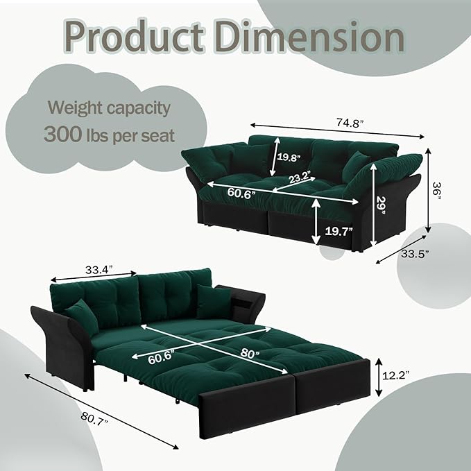 74.8 Queen Size Pull Out Sofa Bed 3-in-1 Convertible Sleeper with 2 Pillows Tufted Velvet Loveseat for Living Room Apartment Bedroom Small Spaces Green | 3-in-1 Convertible Pull Out Sofa Bed V
