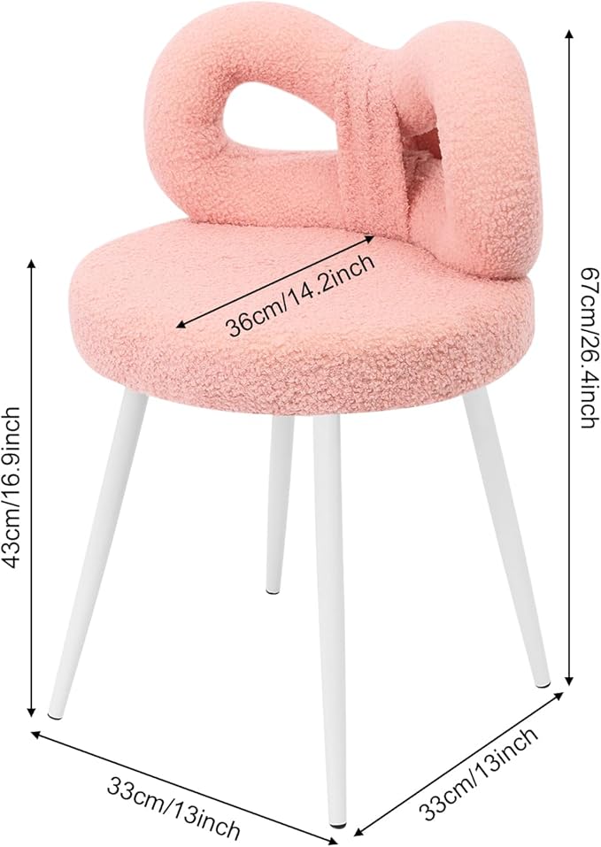 Girls Desk Chair | No Wheels Make up Vanity Chair w/Cute Bow Backrest Comfy Lambswool Fabric Makeup Chair for Bedroom Living Room Upholstered Accent Chair Desk Chair Stool for Girls (Pink)