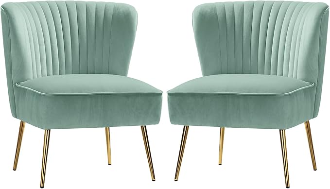TINA'S HOME Velvet Accent Chair Set of 2 with Metal Golden Legs Upholstered Armless Slipper Chair with Wingback Mid Century Side Chair for Living Room Bedroom Vanity- Sage