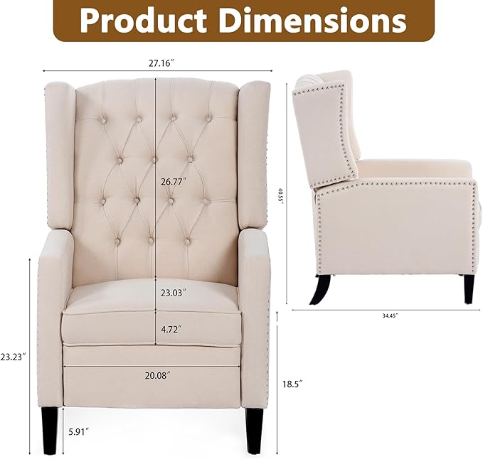 Wingback Recliner Chairs with Foldable Side Table&ampUSB Charging PortsMid Century Accent Single Sofa Small Recliner ChairModern Comfy Pushback Reclining Chair for Living Room (Fabric Beige)