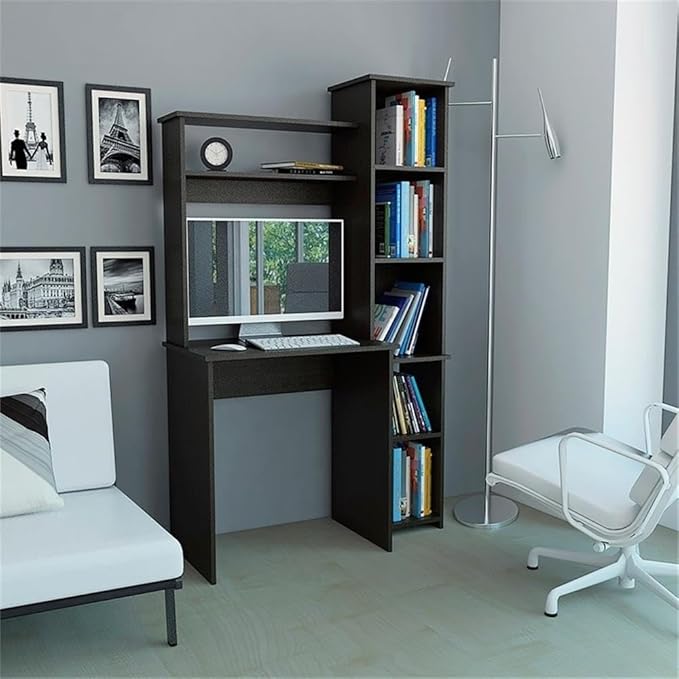 BOWERY HILL Modern Engineered Wood Home Office Desk Black Wengue Finish 63.9 H x 39.7 W x 17.8 D Hutch with Shelves Side Bookcase Space-Saving Design Ideal for Small Home Office