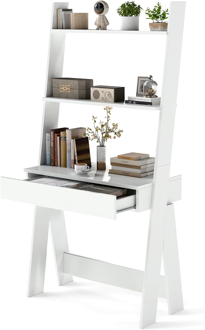 Tangkula Ladder Desk with Countertop &amp Drawer Home Office Computer Laptop Table with Open Shelves &amp Anti-Tip Kits Wall-Leaning Compact Working Station for Small Spaces (White)