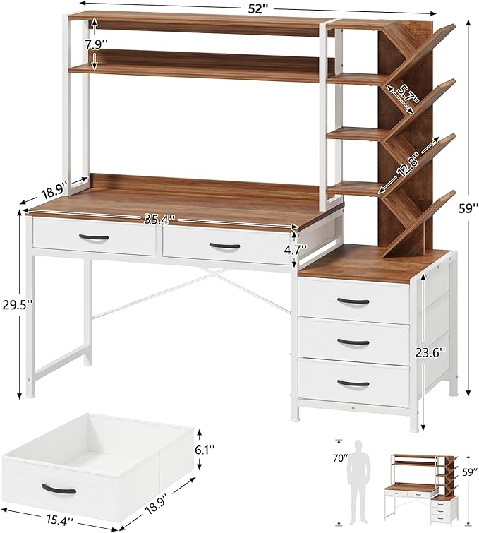 Reversible Computer Desk with Hutch Home Office Desk with 5 Drawers and Bookshelf 52'' Study Writing Desk with Storage Shelves for Bedroom Home Office Brown and White