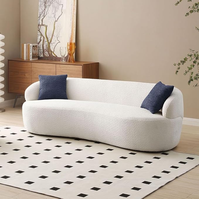JUSTONE Mid Century Modern Curved Living Room Sofa 3-Seat Boucle Fabric Couch for Bedroom Office Apartment Beige