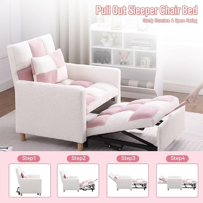 Convertible Sleeper Sofa Chair Bed3-in-1 Sleeper Chair Bed with PillowPull Out Single Armchair Sofa Bed with Adjustable Backrest Multi-Functiona Lounge Chair for Living Room (Pink)