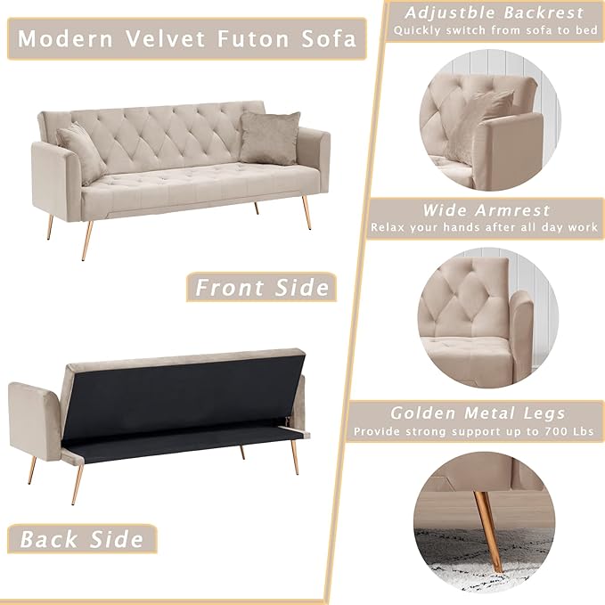 KINFFICT Velvet Futon Sofa Bed with 2 Pillows Convertible Sleeper Sofa Couch with 3 Angle Adjustable Backrest Modern Loveseat with 4 Golden Metal Legs for Living Room and Bedroom