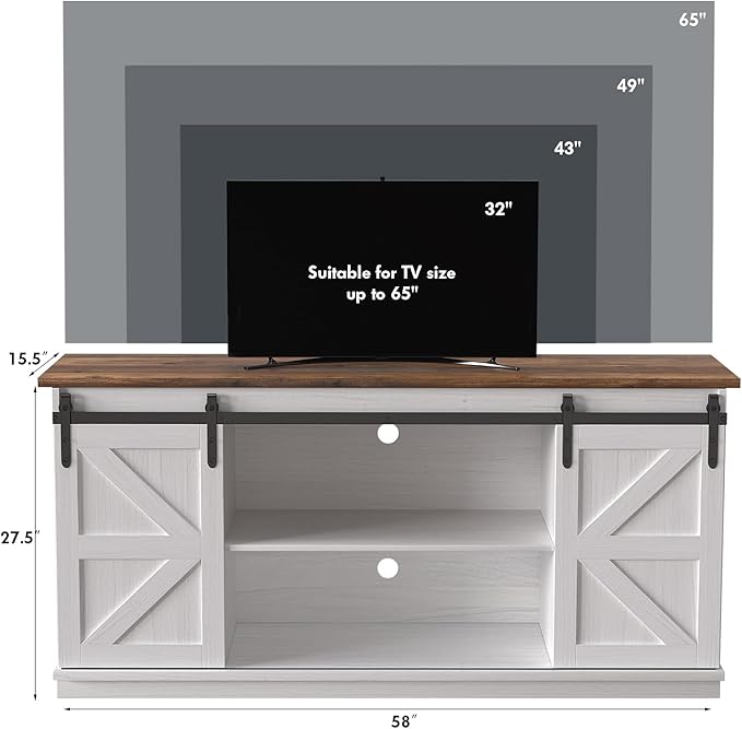 JUMMICO TV Stand for 65 Inch TV Entertainment Center with Storage Cabinets and Sliding Barn Doors Mid Century Modern Media TV Console Table for Living Room Bedroom (Bright White)