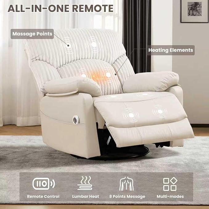 GRAINELL Swivel Rocker Recliner Chair with Massage and Heat USB Charging Port Infinite Position Power Recliner Electric Glider Rocking Chairs for Living Room Nursery (Lvory)