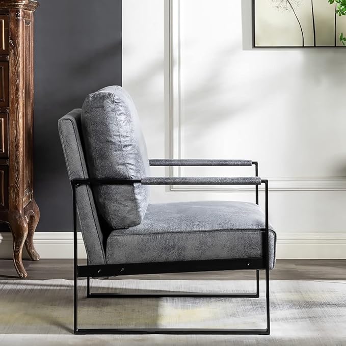 Container Furniture Classic Mid Century Modern Accent Chair with Durable Square Metal Frame Armchair for Living Room Bedroom Home Office in Spotted Microfiber Upholstery Grey