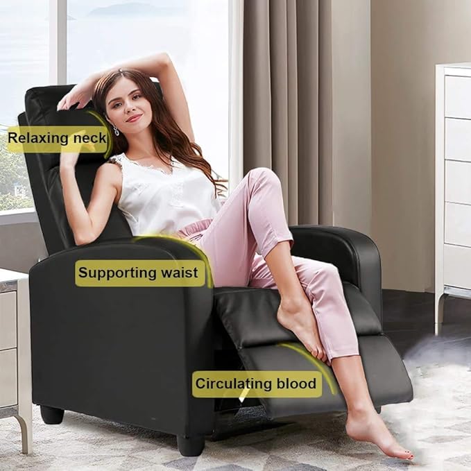 Dkeli Recliner Chair for Living Room Padded Wide Seat Sofa PU Leather Reclining Chair with Footrest &amp Backrest Wingback Heavy Duty Modern Single Sofa Home Theater Seating Easy Lounge Black