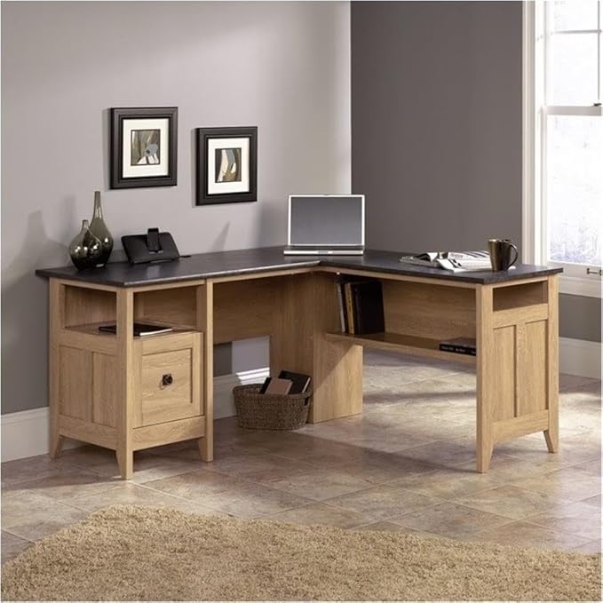 BOWERY HILL Transitional L-Shaped Desk Manufactured Wood Dover Oak and Slate Finish 59 W x 58.75 D x 29.25 H Home Office Desk with File Drawer Cable Management Lower Storage Shelf