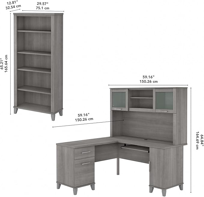 Bush Home Somerset 60W L Shaped Desk with Hutch in Ash Gray
