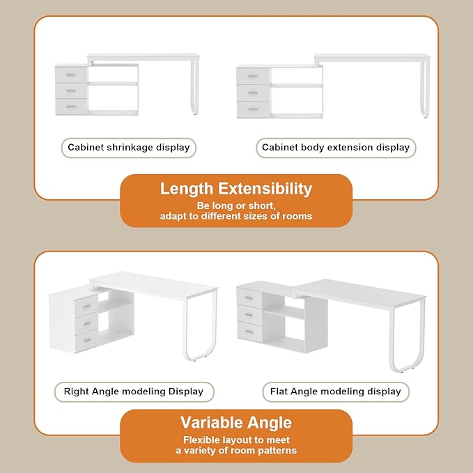 FUFU&ampGAGA 55.1 Large L-Shaped Office Desk with 39 File Cabinet Corner Computer Desk with 3 Drawers &amp 2 Shelves Workstation Executive Desk with Storage Shelf for Home Office (White)
